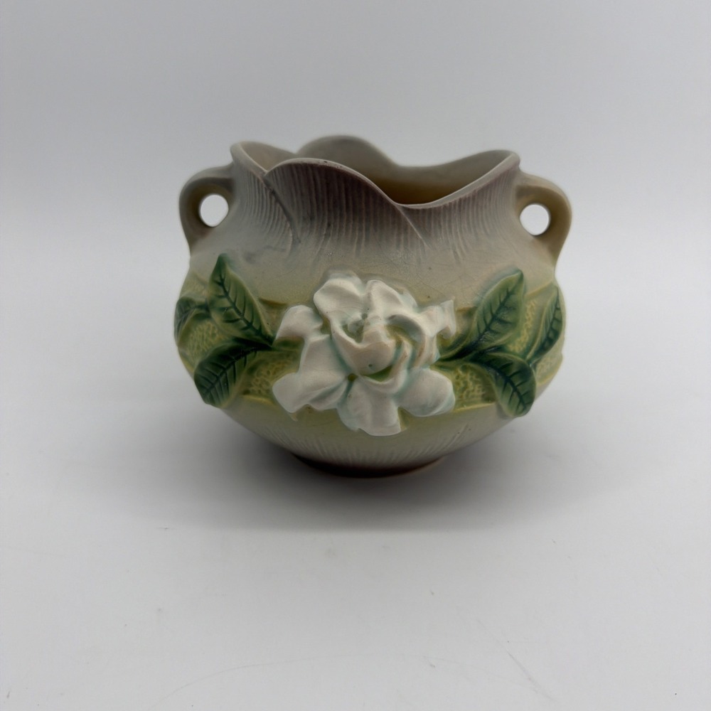 Vintage Roseville Jardiniere Bowl Gardenia Pattern Vase 641-5 Green & Cream
